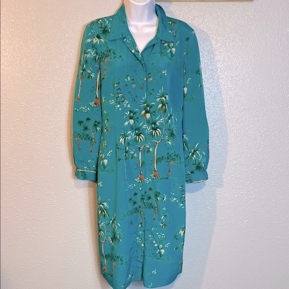 VNTG Leslie Fay Green Long Sleeve Notched Collar Button Down Midi Dress - Picture 1 of 7